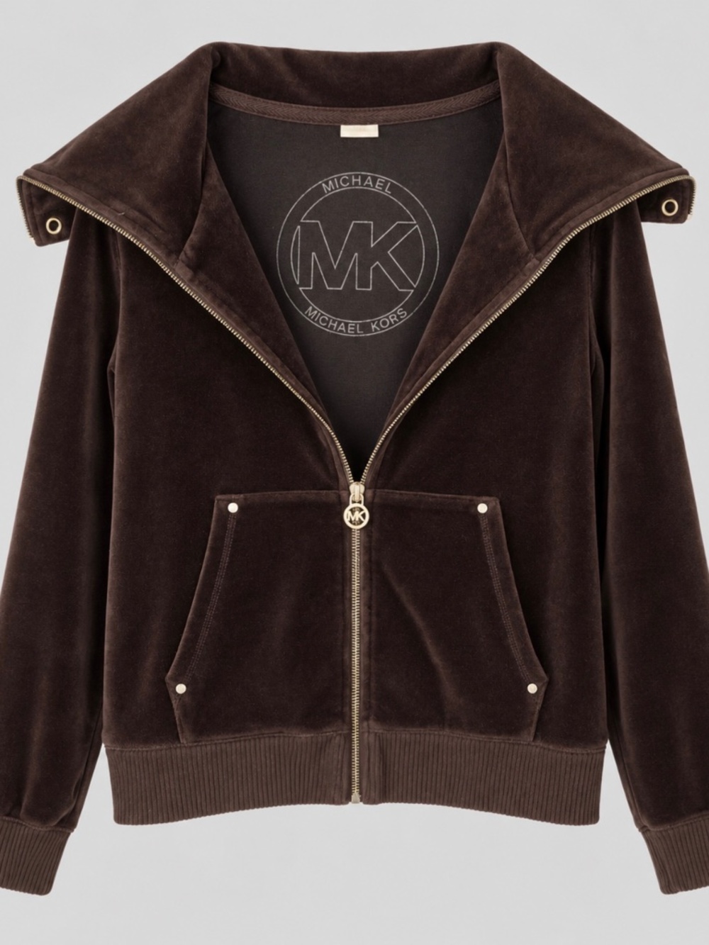 Michael Kors Brown Velour Jacket Womens Small Funnel Neck Y2K Full Zip Sweatshir